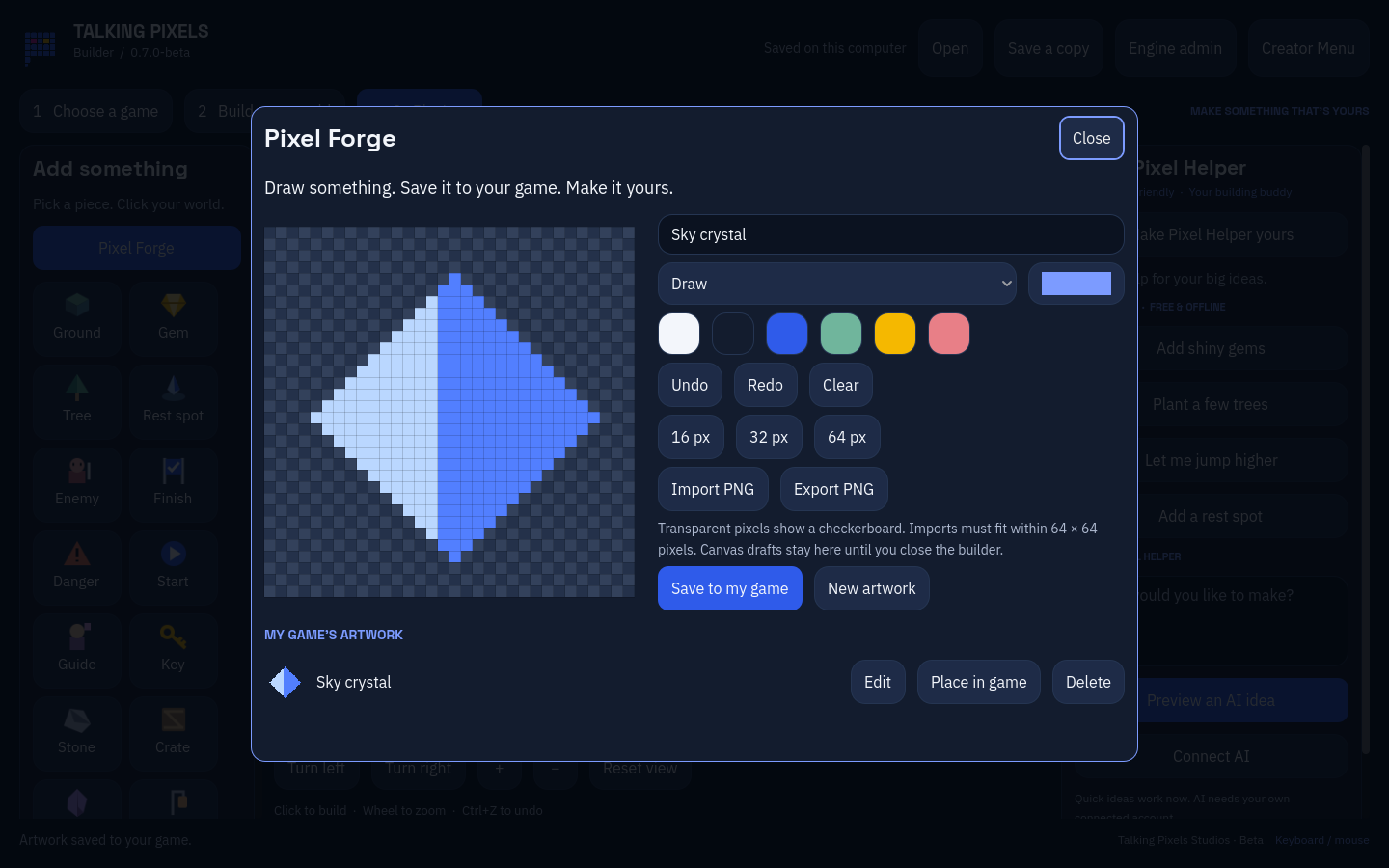 Pixel Forge inside Talking Pixels Builder, showing a blue crystal being drawn on the pixel canvas.