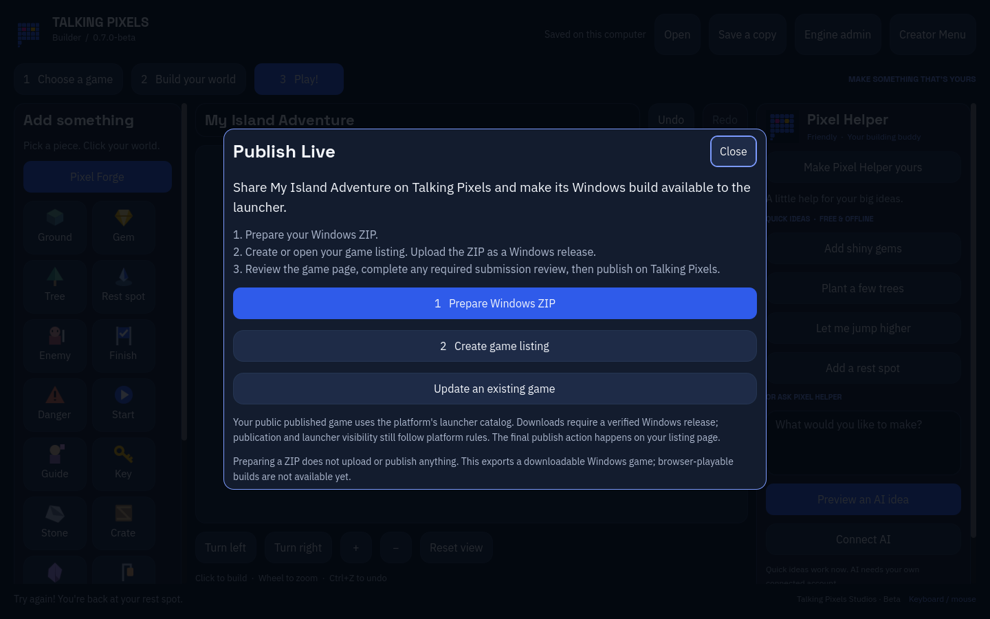The builder publishing screen prepares a Windows game for a Talking Pixels listing.