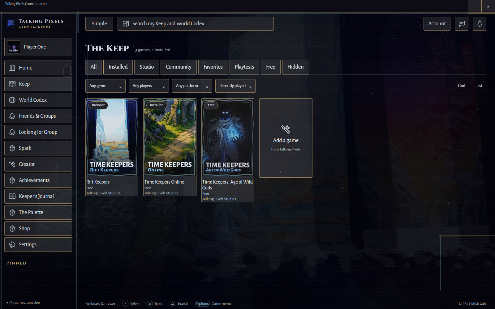 The launcher’s library, with game covers and library filters.
